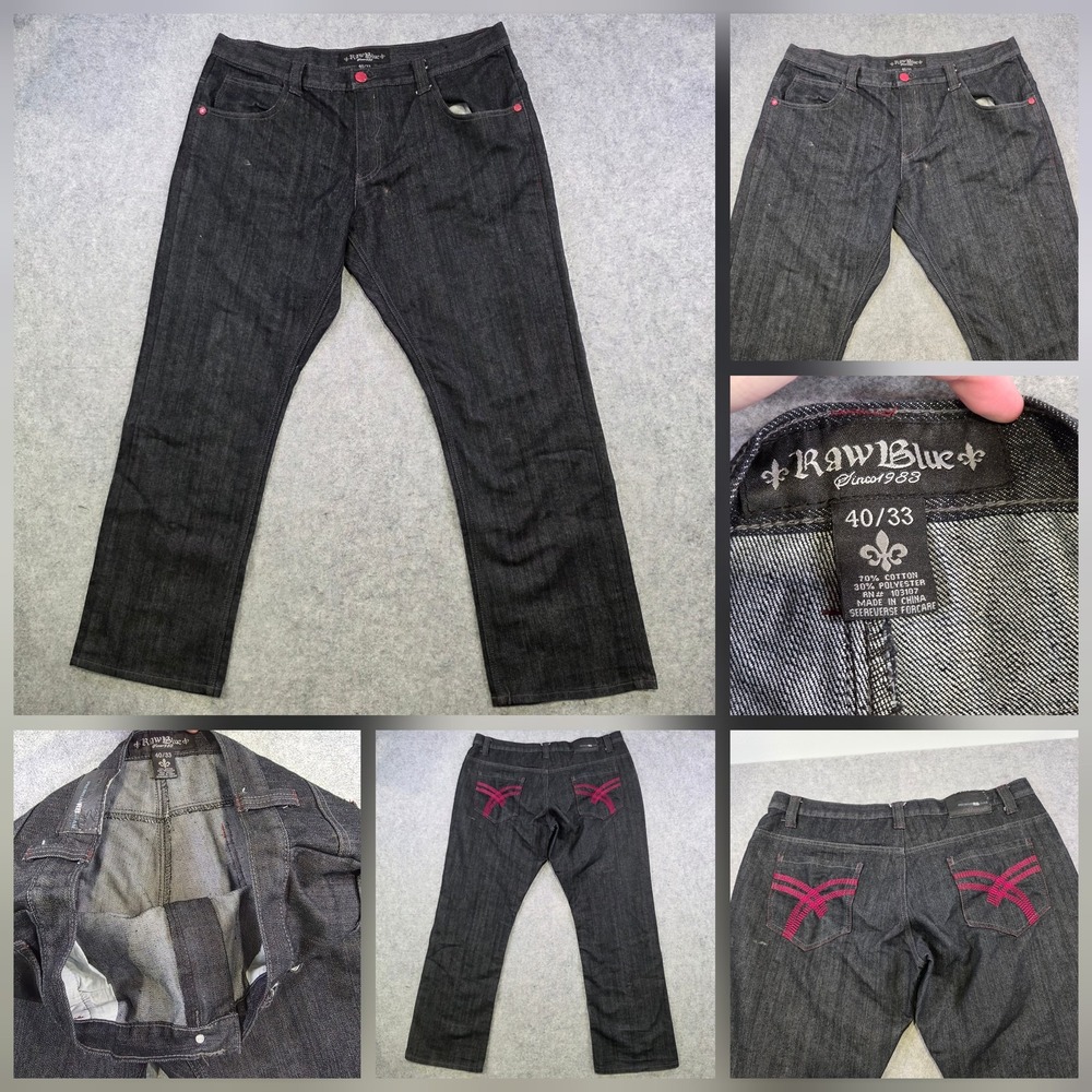 Raw Blue Jeans Mens 40x33 Black Relaxed Straight Dark Denim RB Embroidered